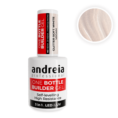 Frasco de gel construtor de unhas andreia professional com texto e textura de gel glitter ao lado
