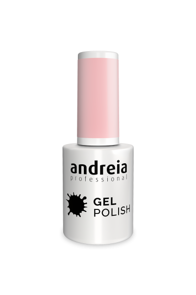 Frasco de verniz gel branco com tampa rosa e texto preto