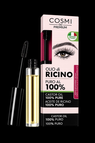 Produto de óleo de rícino 100% puro com aplicador e embalagem com desenho de olho e texto