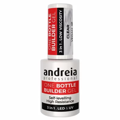 Frasco branco de verniz de unhas Andreia Professional Builder Gel com texto em vermelho e preto