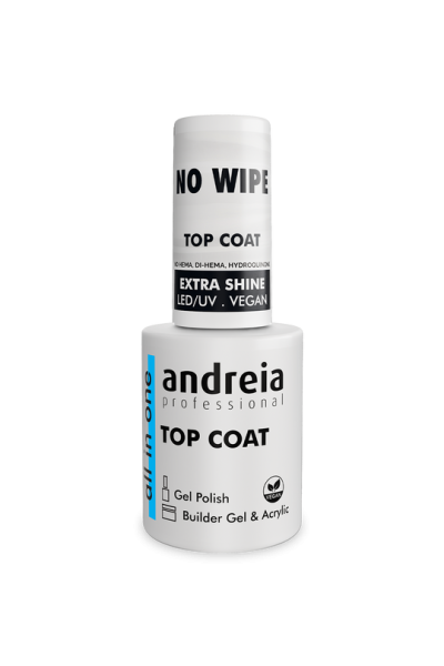 Frasco branco de verniz top coat Andreia Professional com texto preto e azul