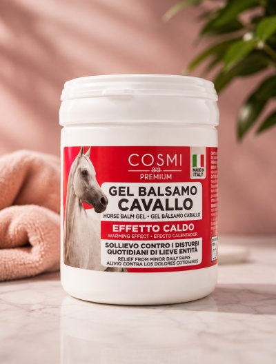 Frasco branco de gel bálsamo Cavallo com rótulo vermelho e branco e imagem de cavalo