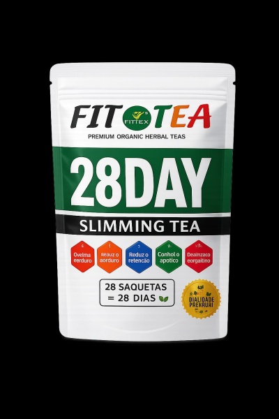 Embalagem FITTEA 28DAY Slimming Tea com 28 saquetas, etiquetas coloridas e selo amarelo