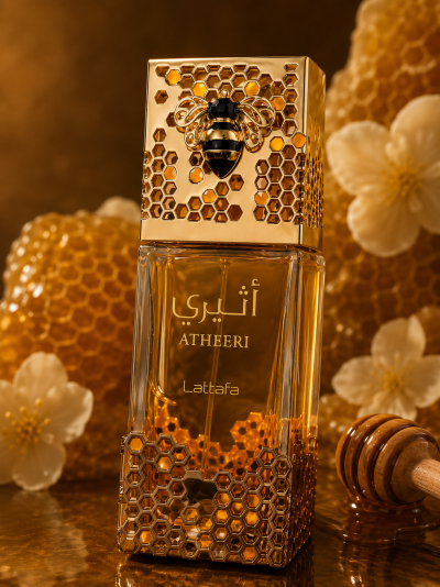 Frasco de perfume dourado com padrão de colmeia e decoração de abelha