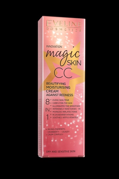 Embalagem rosa e dourada de creme facial Eveline Cosmetics Magic Skin CC