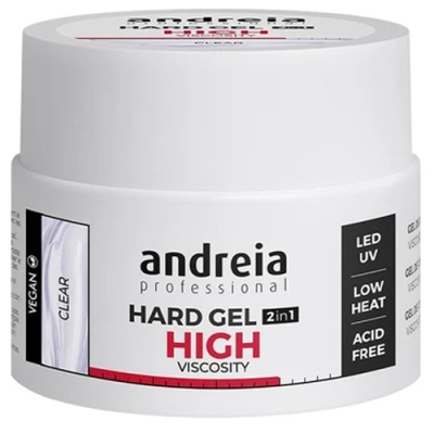 Frasco branco de gel endurecedor para unhas andreia professional com texto em preto, vermelho e cinza