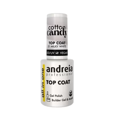 Frasco branco de verniz top coat para unhas com texto preto nas etiquetas