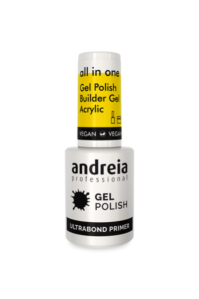 Frasco de verniz gel branco e amarelo da marca andreia professional