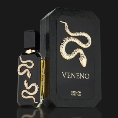 Frasco de perfume preto com cobra dourada e embalagem preta com cobra e texto