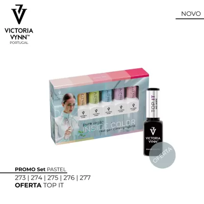 Conjunto de vernizes de unhas Victoria Vynn com embalagem colorida e frascos pastel ao lado de frasco preto