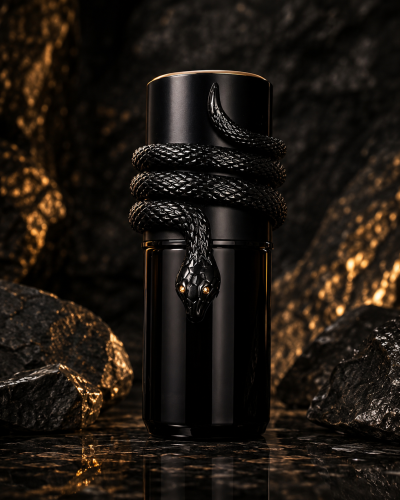Frasco de perfume preto decorado com uma serpente preta enrolada