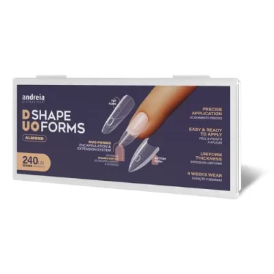 Caixa de D Shape Duo Forms Almond para unhas da Andreia Professional, com 240 unidades e instruções em inglês.