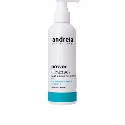 Gel de limpeza para mãos e pés Andreia Professional power cleanse em embalagem branca com tampa doseadora azul