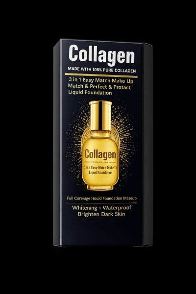 Embalagem de base líquida Collagen preta com frasco dourado e texto informativo