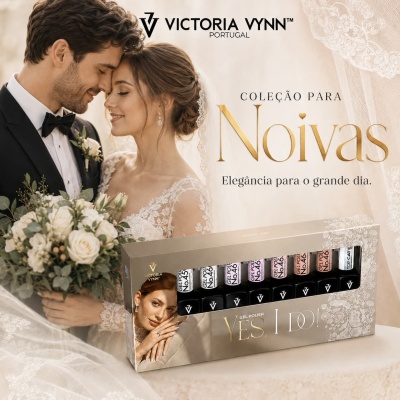 Conjunto de vernizes em gel e casal vestido de noivos em fundo suave com logo VICTORIA VYNN PORTUGAL