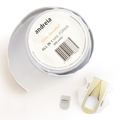 Rolo e moldes para unhas Andreia professional brancos com etiquetas e padrões amarelos.