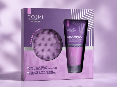 Pack COSMI PREMIUM com escova de massagem e shampoo reparador roxo e rosa