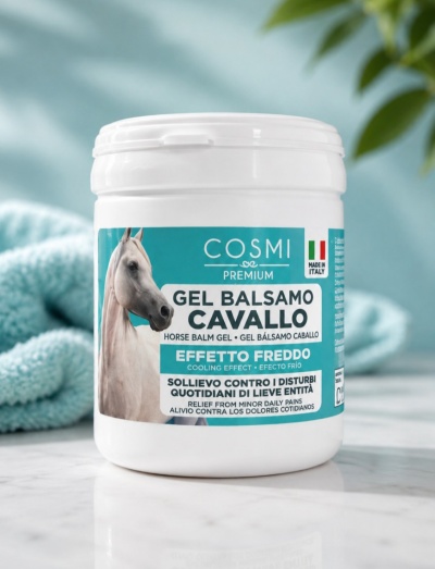 Gel bálsamo para cavalos COSMI Premium em embalagem branca com rótulo azul