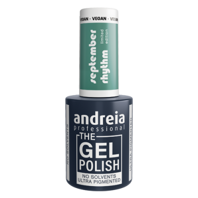 Verniz de gel para unhas Andreia com tampa verde água e corpo azul escuro.