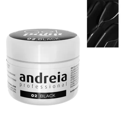 Frasco branco de creme Andreia Professional 02 Black com tampa preta e amostras da cor preto brilhante