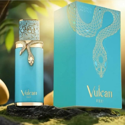 Frasco de perfume azul e dourado com serpente decorativa e caixa azul com serpente dourada