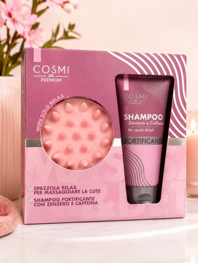 Conjunto COSMI PREMIUM com escova rosa e champô fortificante em caixa rosa