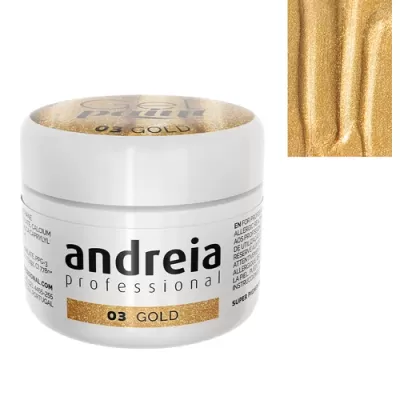 Frasco branco Andreia professional com tampa e rótulo dourado 03 GOLD e textura dourada metálica no produto