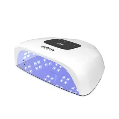Secador de unhas branco com LEDs azuis e botões pretos