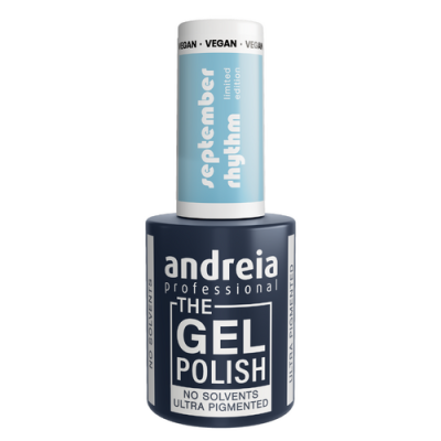 Frasco de verniz gel azul Andreia Professional com tampa azul clara e texto de edição limitada