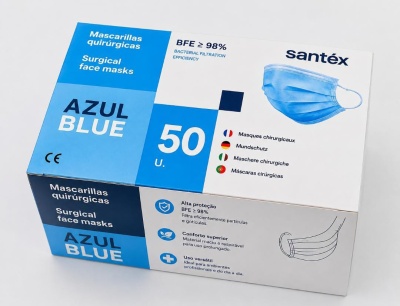 Caixa de máscaras cirúrgicas azuis santéx para proteção respiratória