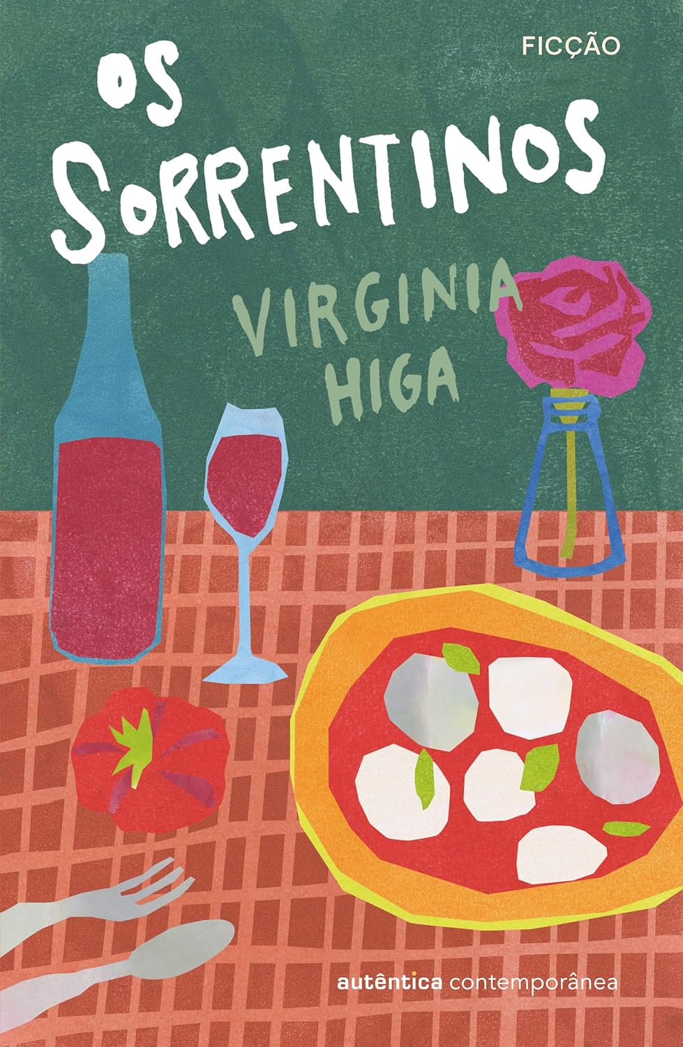 Os Sorrentinos Capa de livro com garrafa, copo, prato de comida e flor com textos em português.