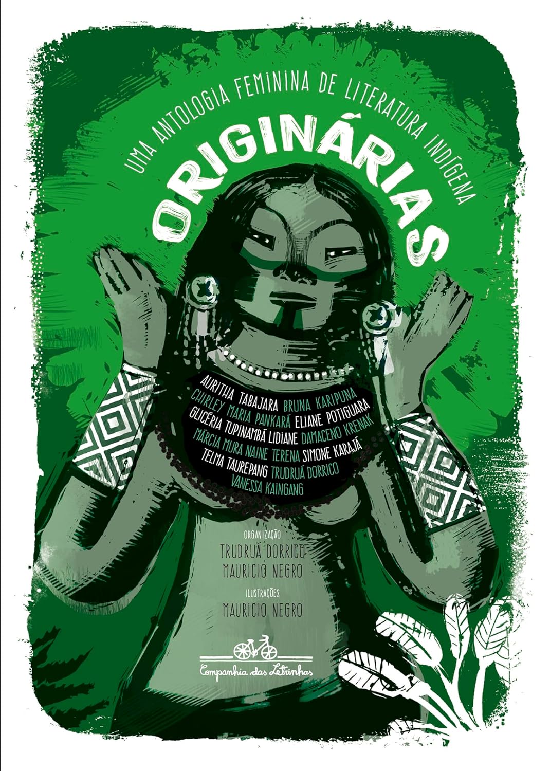 Originárias: Uma antologia feminina de literatura indígena Capa de livro verde com ilustração de mulher indígena e texto Originárias