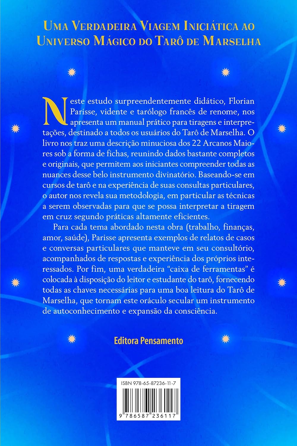 Tarô de Marselha vol.1 Contracapa azul de livro sobre Tarô de Marselha com texto descritivo e código ISBN