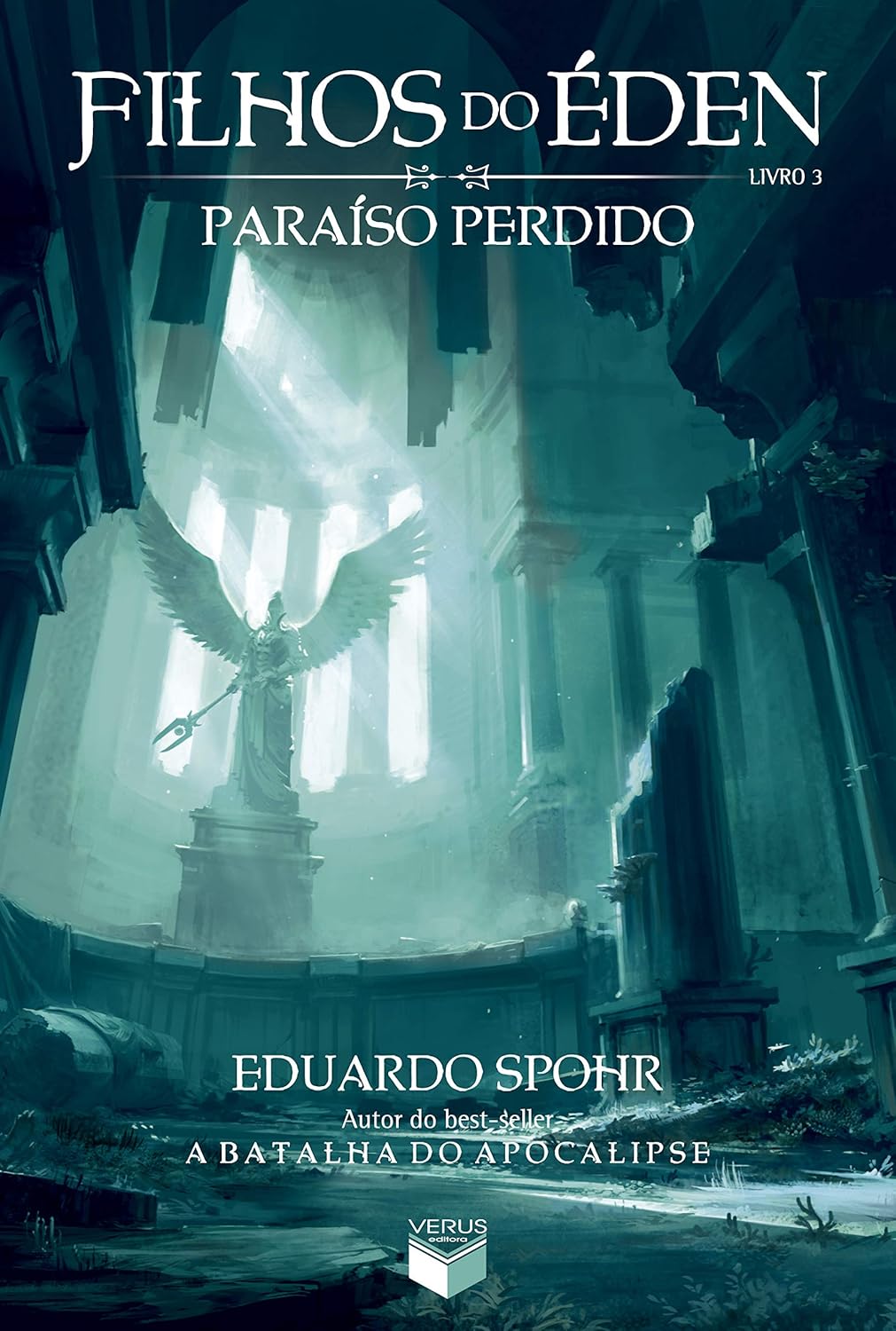 Filhos do Éden: Paraíso Perdido Capa de livro com estátua de anjo e arquitetura antiga em tons verdes