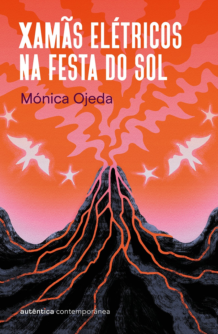 Xamãs elétricos na festa do sol Capa de livro com vulcão e céu laranja com texto em português.