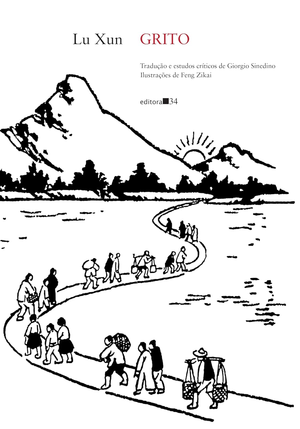 O Grito Capa de livro em preto e branco com ilustração de pessoas caminhando, montanhas e lago