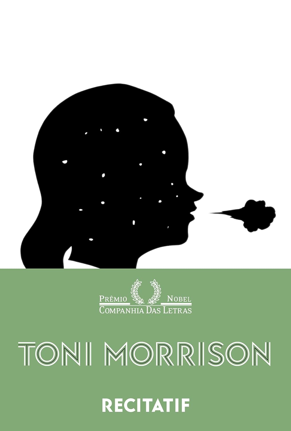 Recitatif Capa do livro RECITATIF de TONI MORRISON com fundo verde e silhueta preta de rosto a soprar