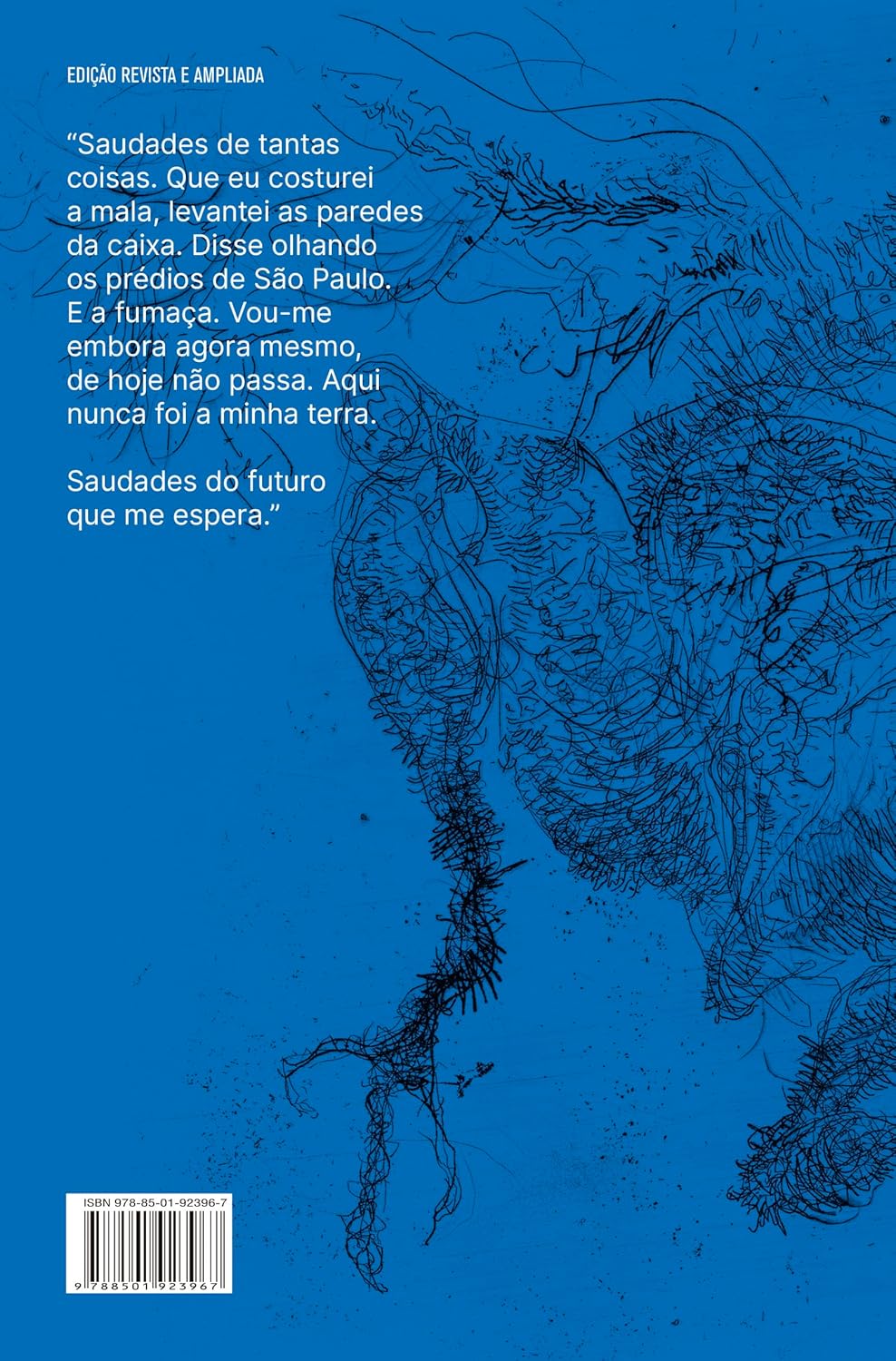 Rasif: Mar que Arrebenta Contracapa de livro azul com texto em branco e ilustrações pretas abstratas