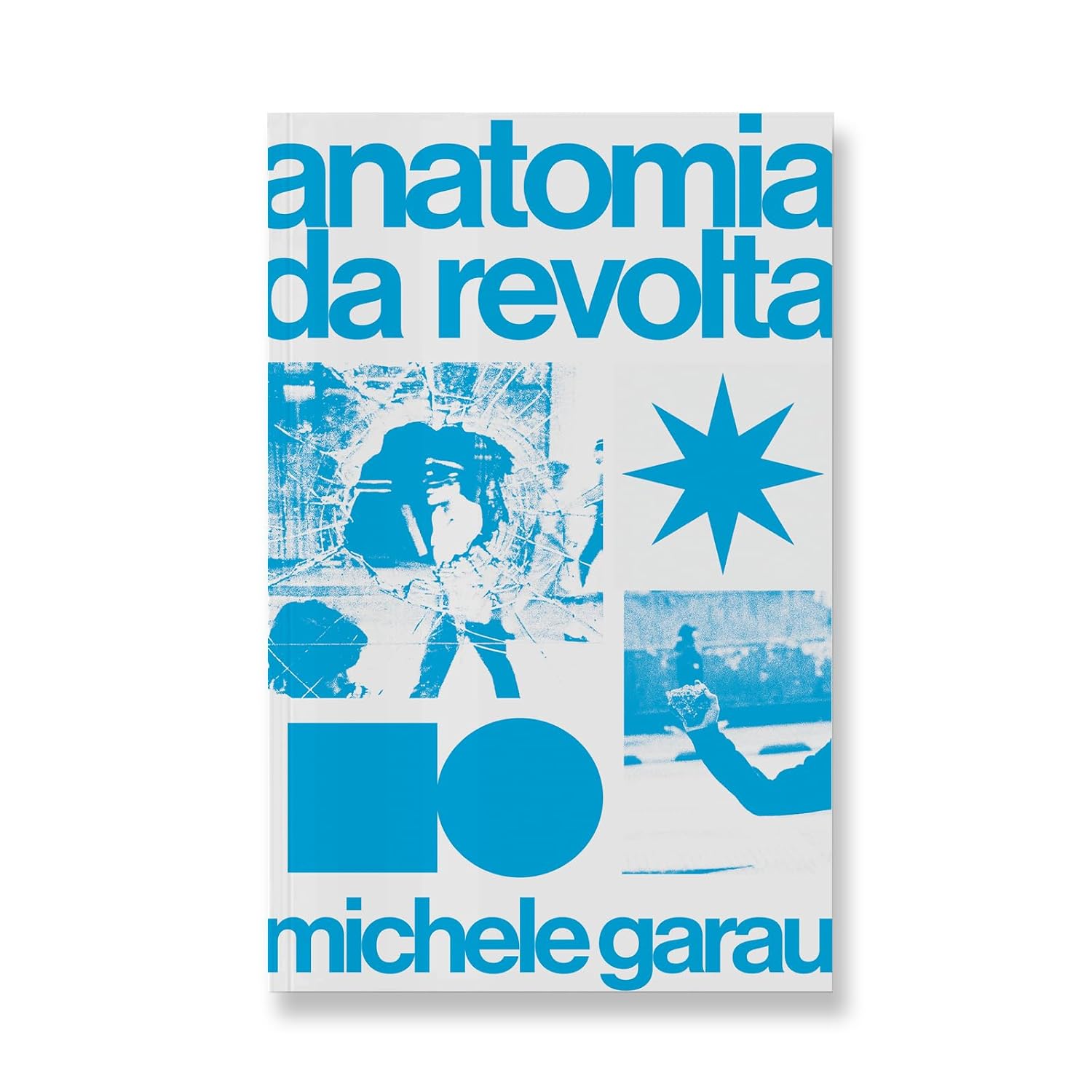 Anatomia da Revolta Capa de livro branco e azul com texto e imagens relacionadas à revolta
