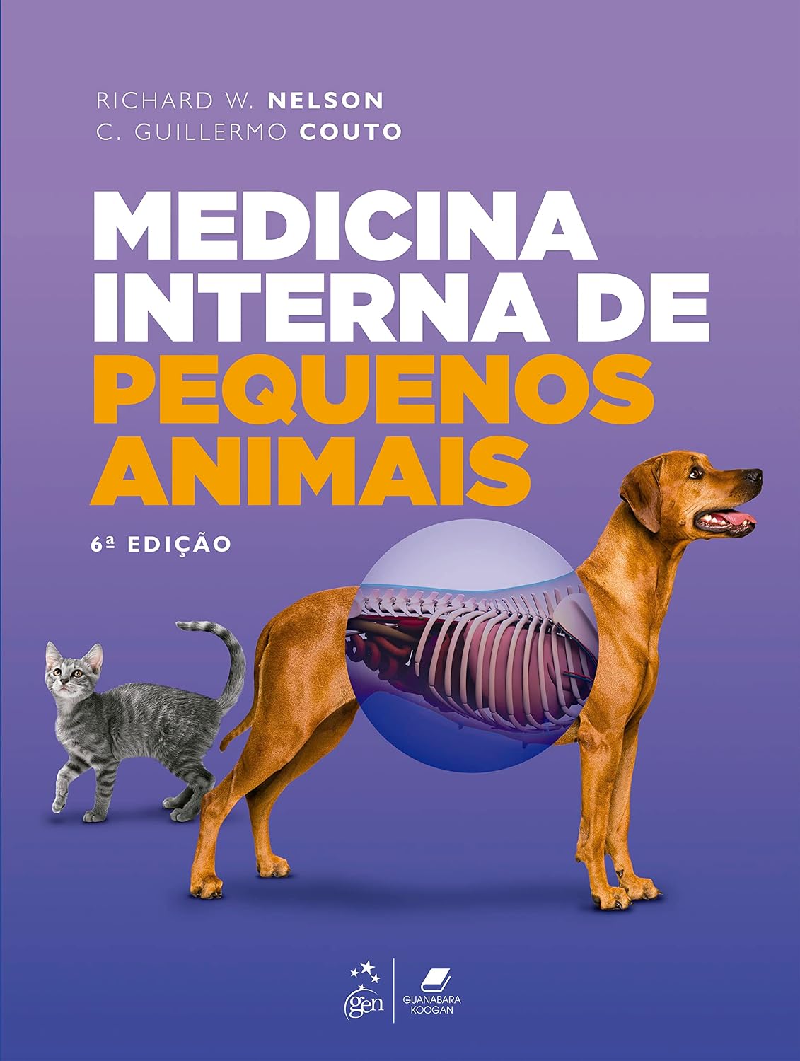Medicina Interna de Pequenos Animais Capa de livro Medicina Interna de Pequenos Animais com gato, cão e ilustração de esqueleto em círculo