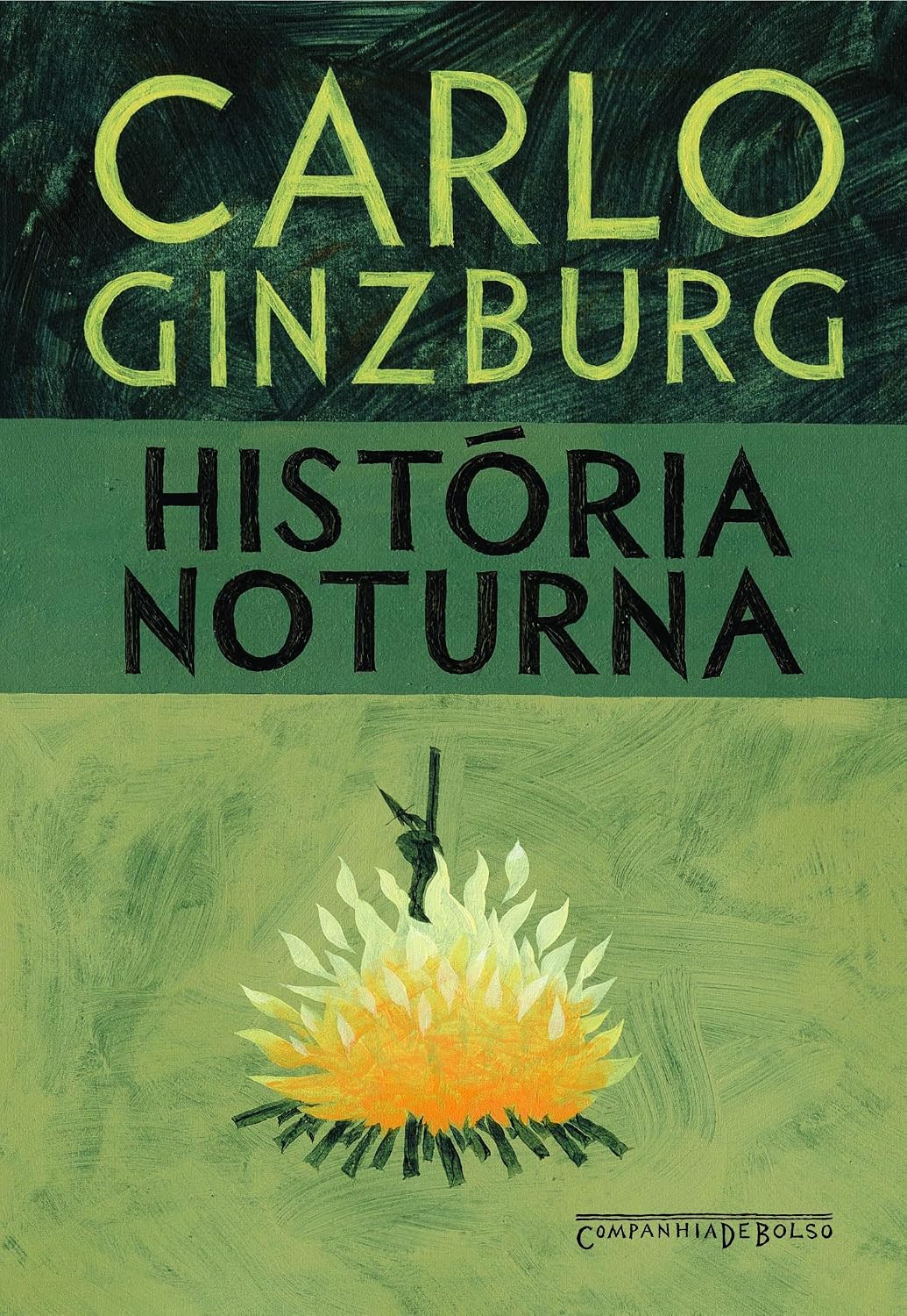 História Noturna Capa de livro verde com texto CARLO GINZBURG HISTÓRIA NOTURNA e ilustração de fogueira amarela e laranja.