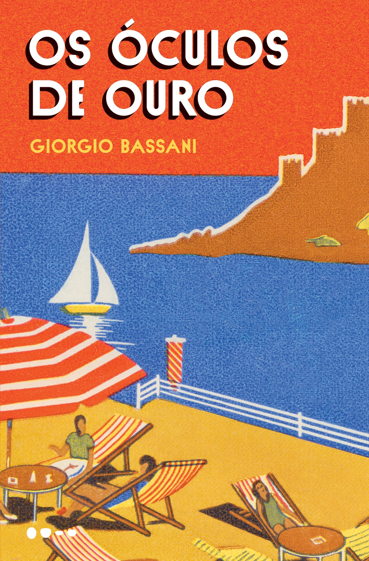 Os Óculos de ouro Capa de livro com ilustração de praia e veleiro no mar.