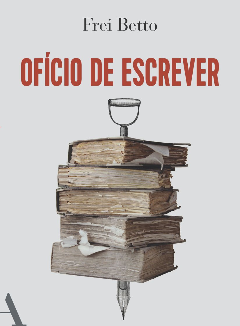 O Ofício de Escrever Capa de livro Ofício de Escrever com livros antigos empilhados espetados por uma caneta tinteiro
