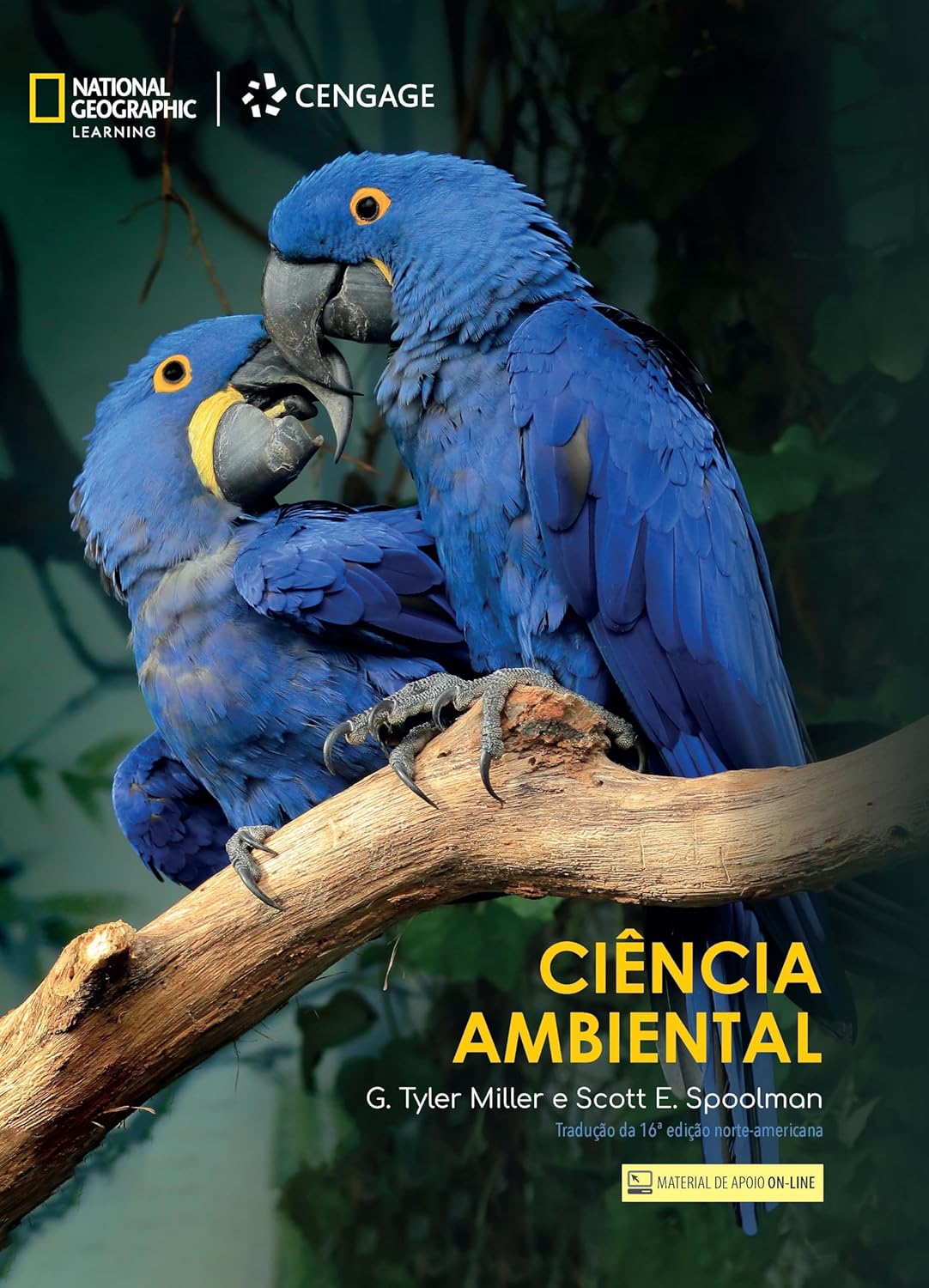Ciência Ambiental Livro com duas araras azuis num ramo e texto científico em português.