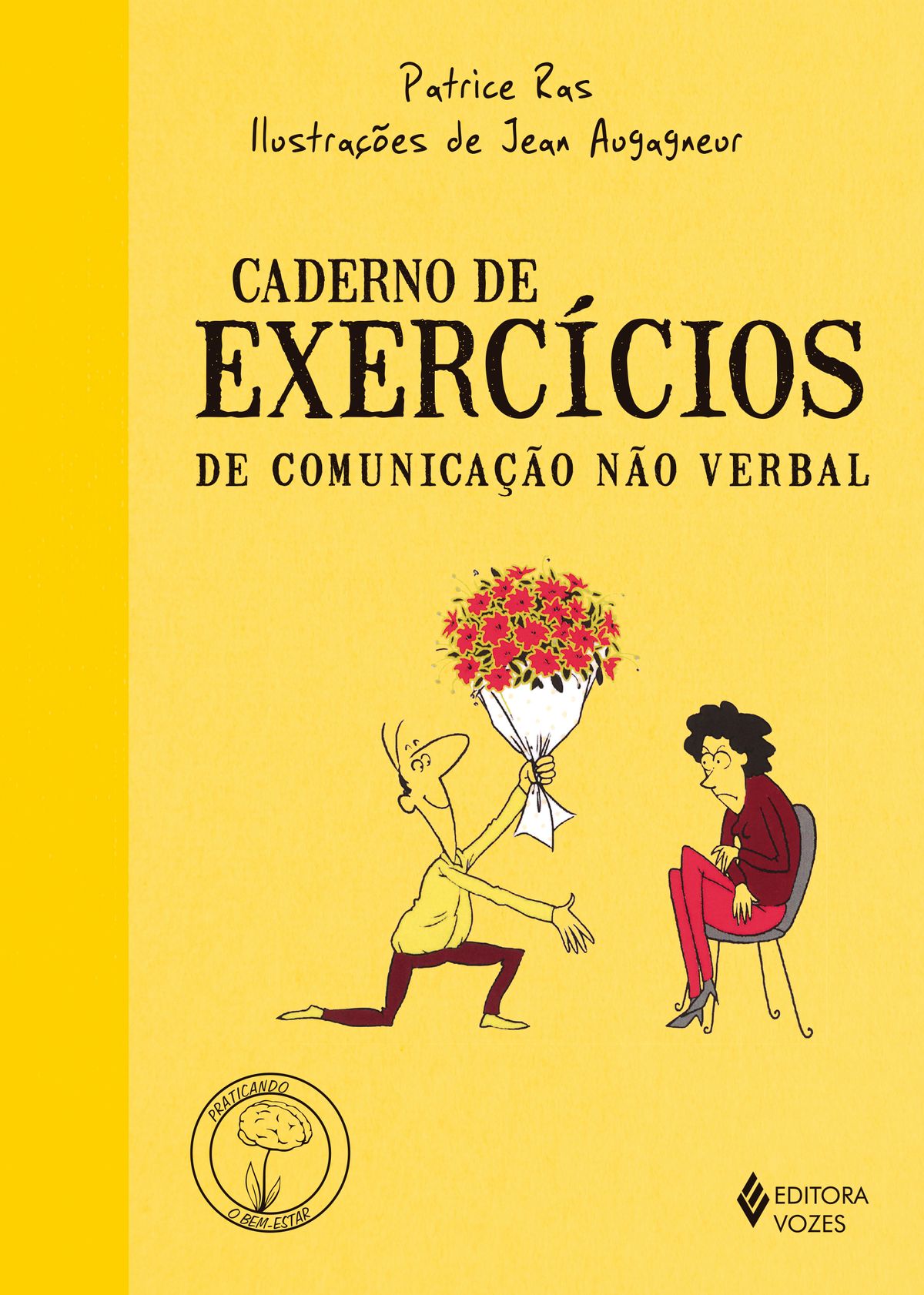 Caderno de Exercícios de Comunicação Não Verbal Capa amarela de livro Caderno de Exercícios de Comunicação Não Verbal com ilustração de duas pessoas e flores vermelhas.