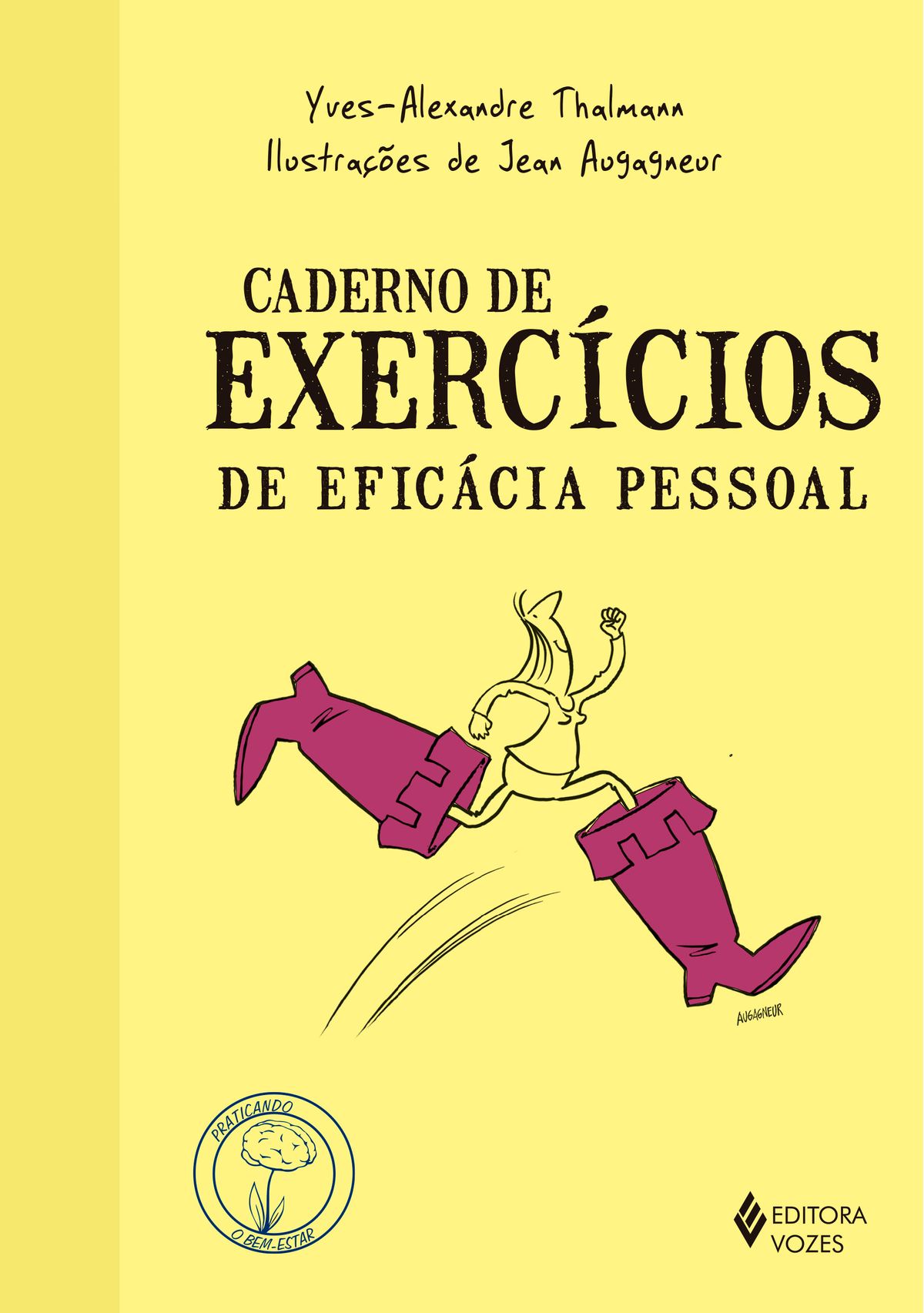 Caderno de Exercícios de Eficácia Pessoal Capa de livro amarelo com título e ilustração de figura saltando com botas roxas