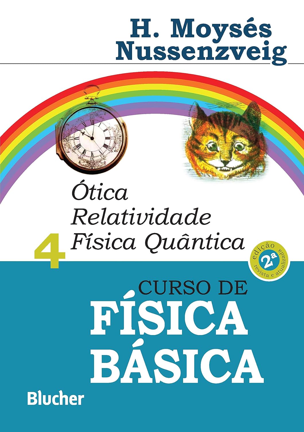 Curso de física básica v.4 Capa de livro Curso de Física Básica com arco-íris, relógio e gato