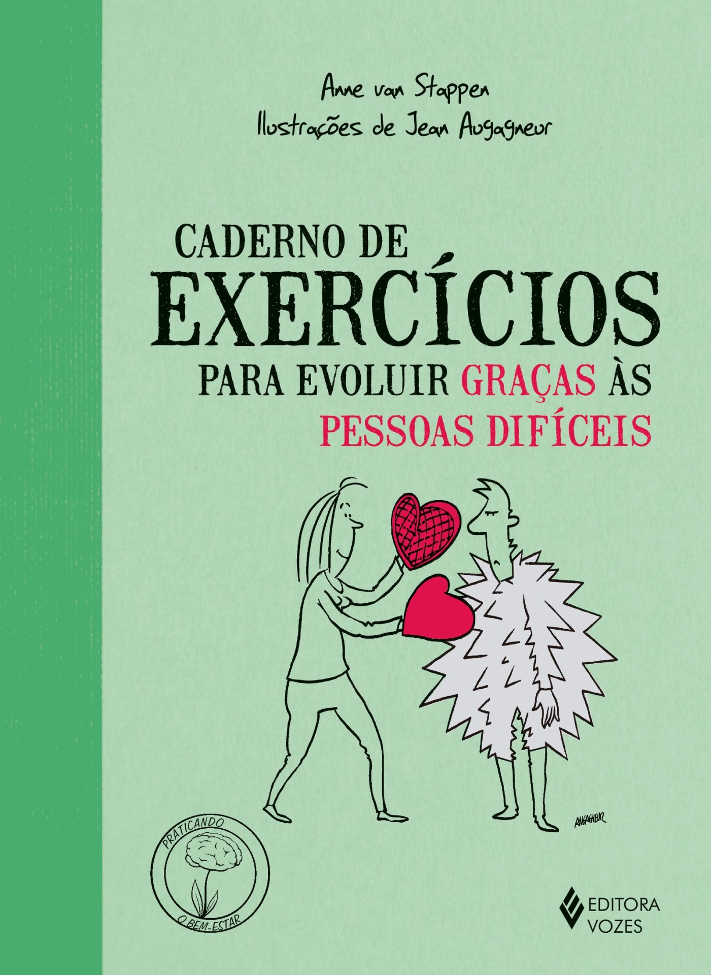 Caderno de Exercícios Para Evoluir Graças às Pessoas Difíceis Capa de livro verde claro com título e ilustração de duas pessoas e selo PRATICANDO O BEM-ESTAR