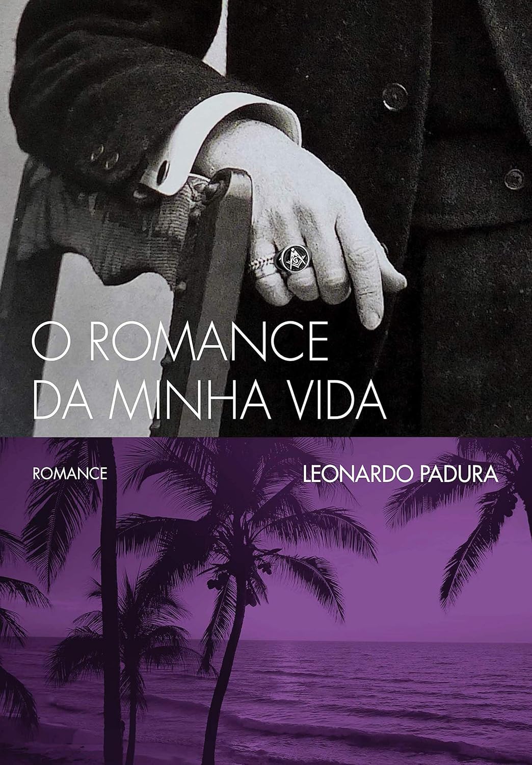 O Romance da Minha Vida Capa do livro O ROMANCE DA MINHA VIDA com mão masculina e palmeiras à beira-mar em tons roxos