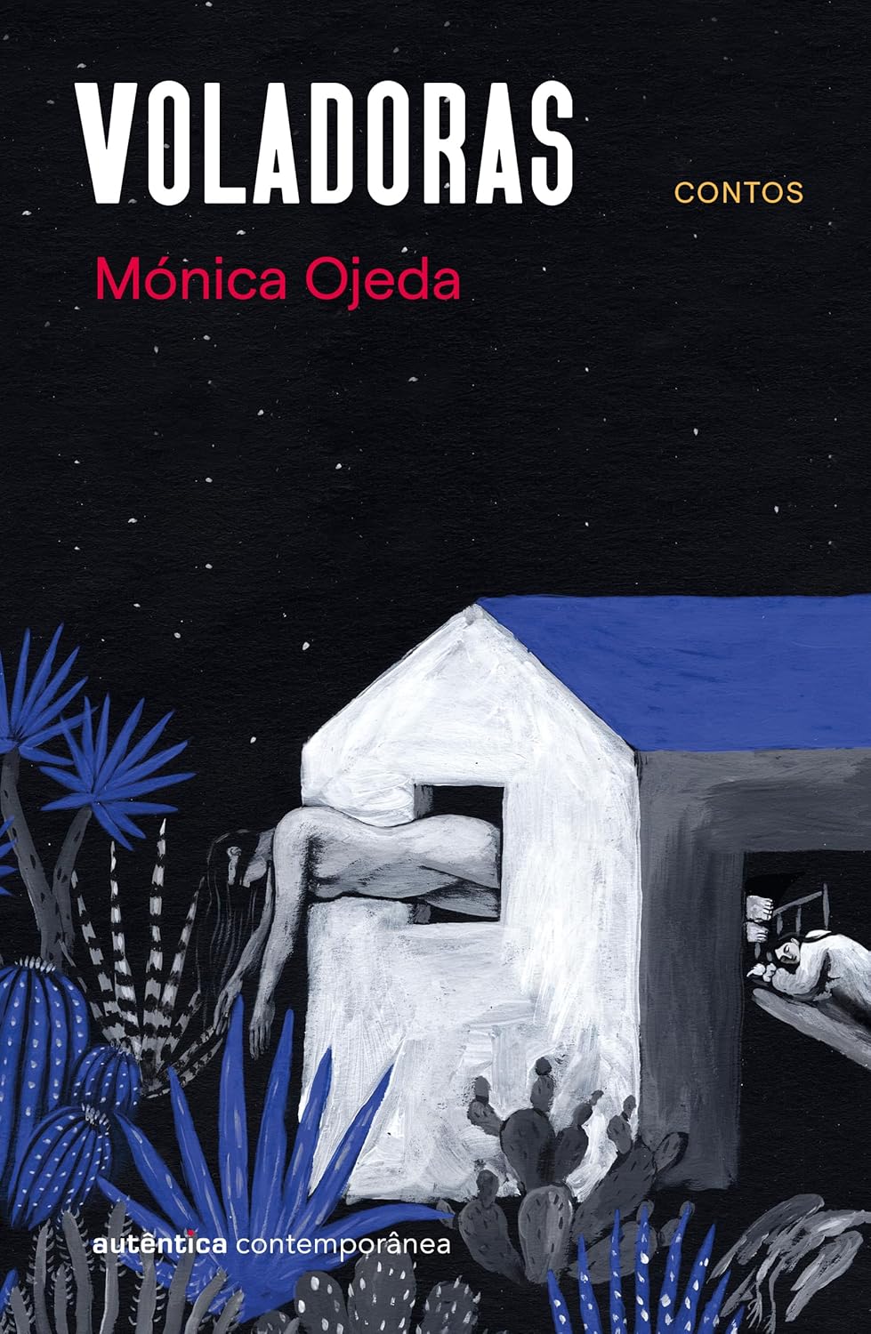 Voladoras Capa do livro VOLADORAS com ilustração de casa branca, plantas azuis e figuras humanas